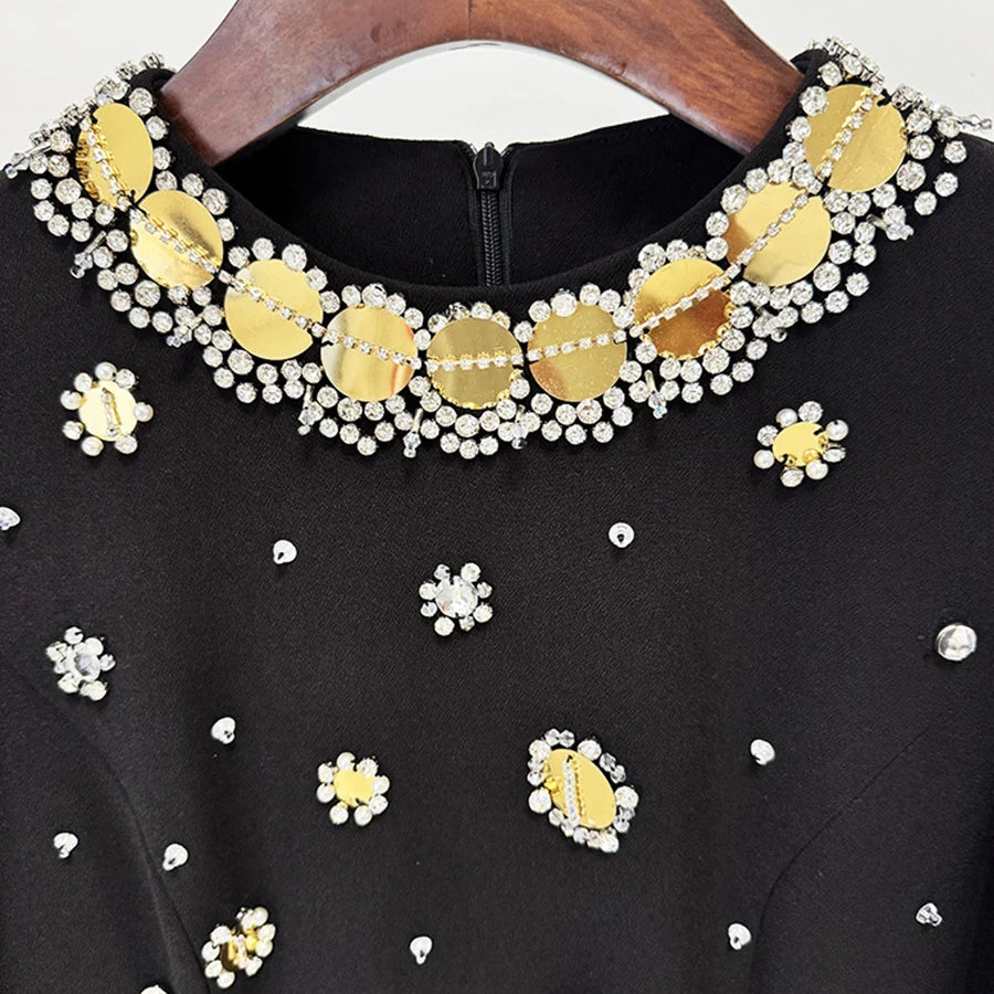 Hit Color Spliced Bead Luxurious Dresses for Women Round Neck Long Sleeve Patchwork Wave Point Elegant Dress Female