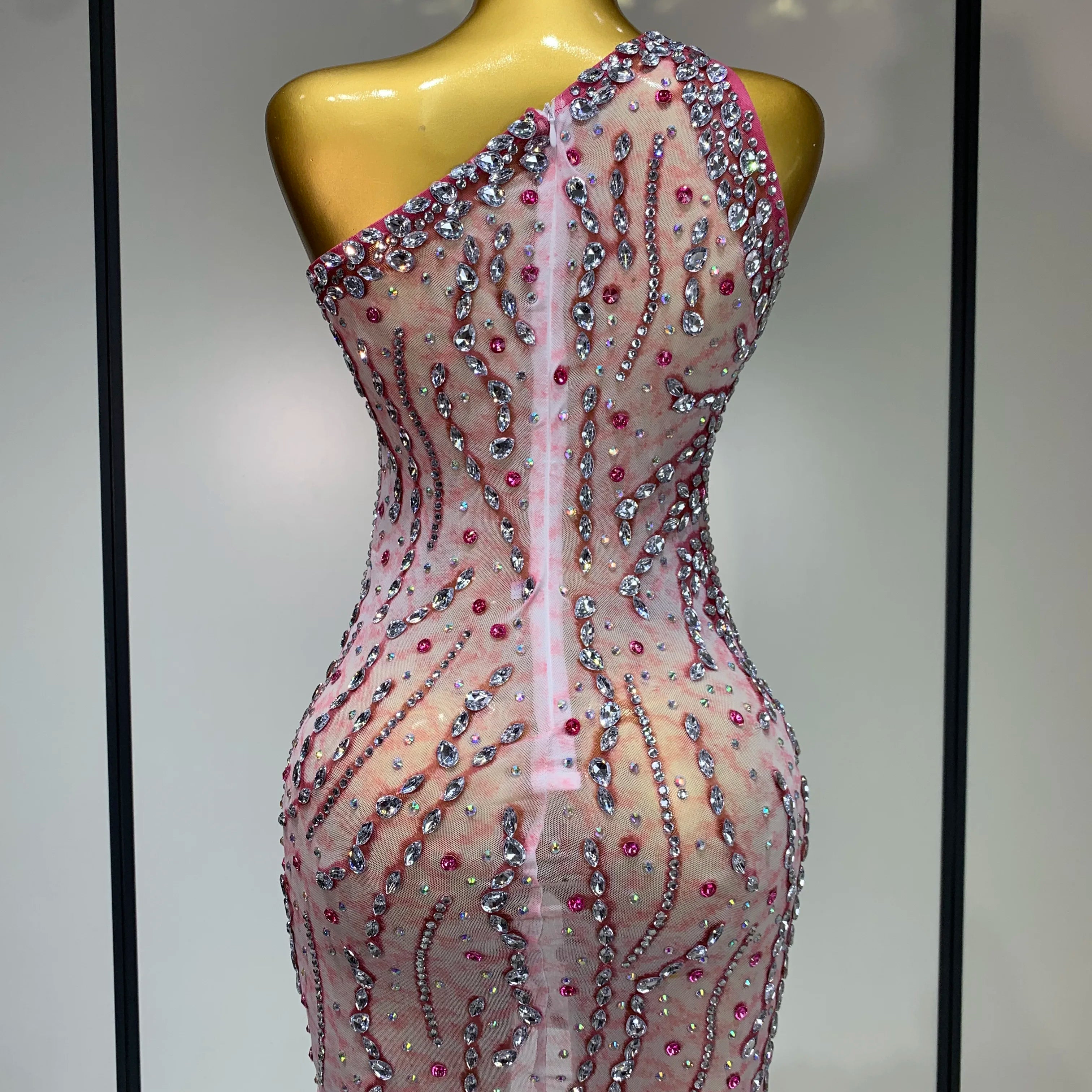 Women Sexy Mesh See Through Rhinestone Mini Dress Stage Dancer One Shoulder Stretch Night Club Party Birthday Dress Stage Outfit