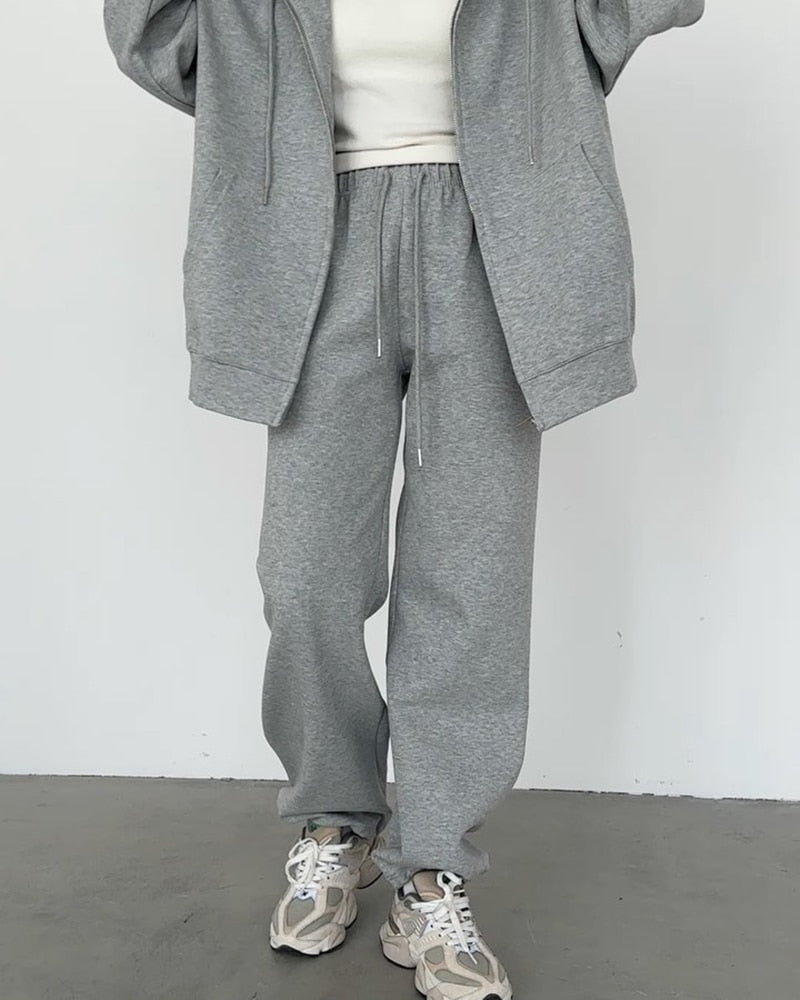 WOTWOY Causal Fleece Hooded Sweatshirts and Pants 2 Piece Sets Womens Outfits Autumn Winter Sweatpants Female Grey Pullovers 23113-gray-pant