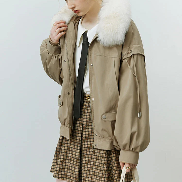 FSLE Fox Fur Collar Short Fur Coat Women's 2022 Winter New Style Overcomes Removable Rabbit Fur Liner Black Khaki Women Coats