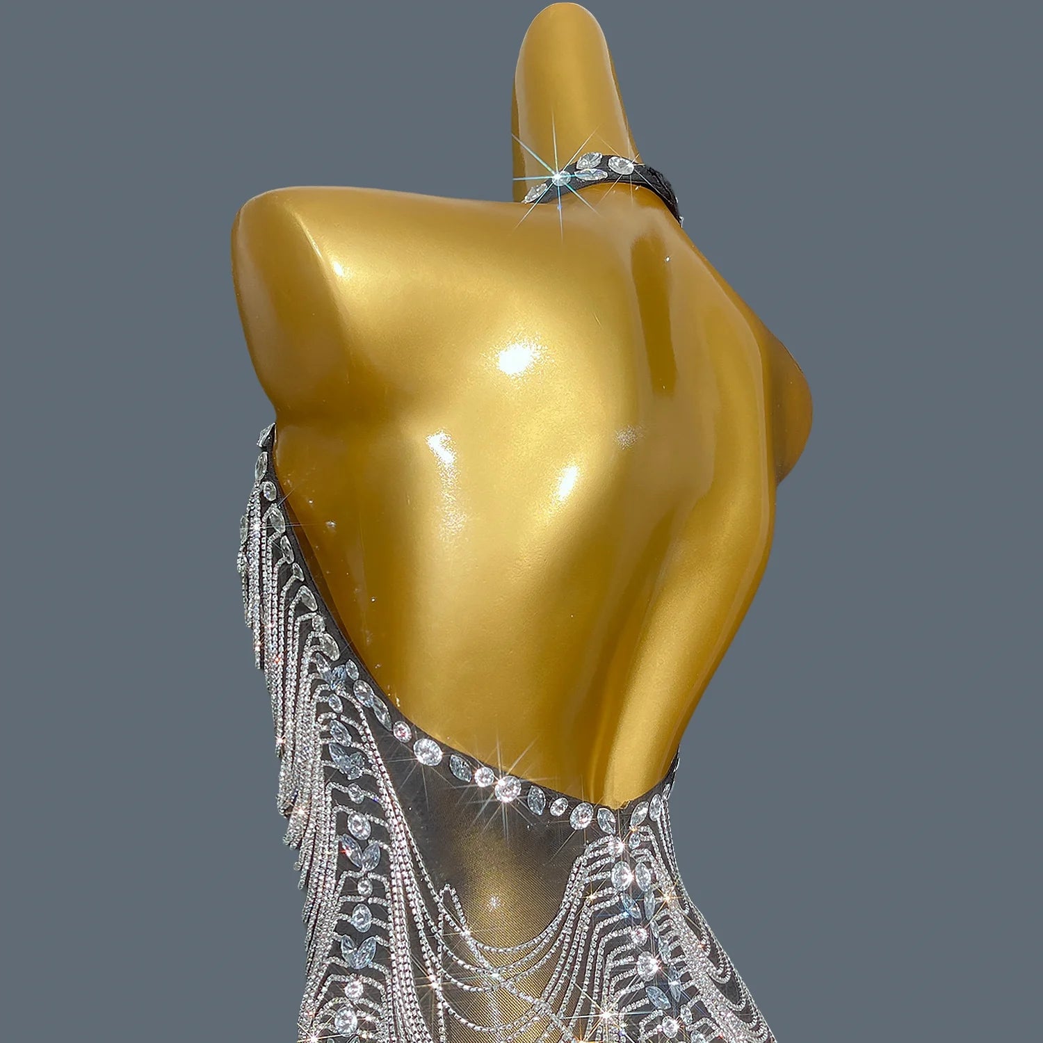 Sparkly Rhinestone Backless Evening Dress Mid-Calf Dinner Party Dress Sleeveless High Side Slit Club Gown for Women Star Heiwan