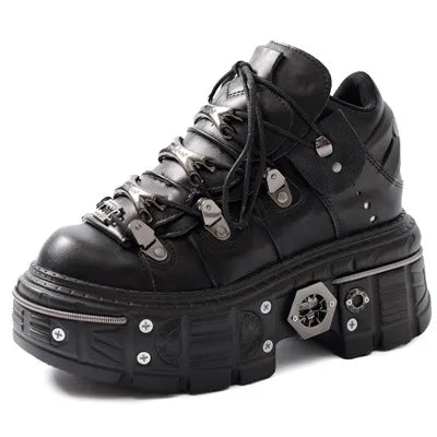 Punk Women Lace-Up Ankle Botas Mujer 2025 Rivet Metal Decoration Round Toe Thick Bottom Boots Woman Nightclub Rock Platform Shoe black 2
