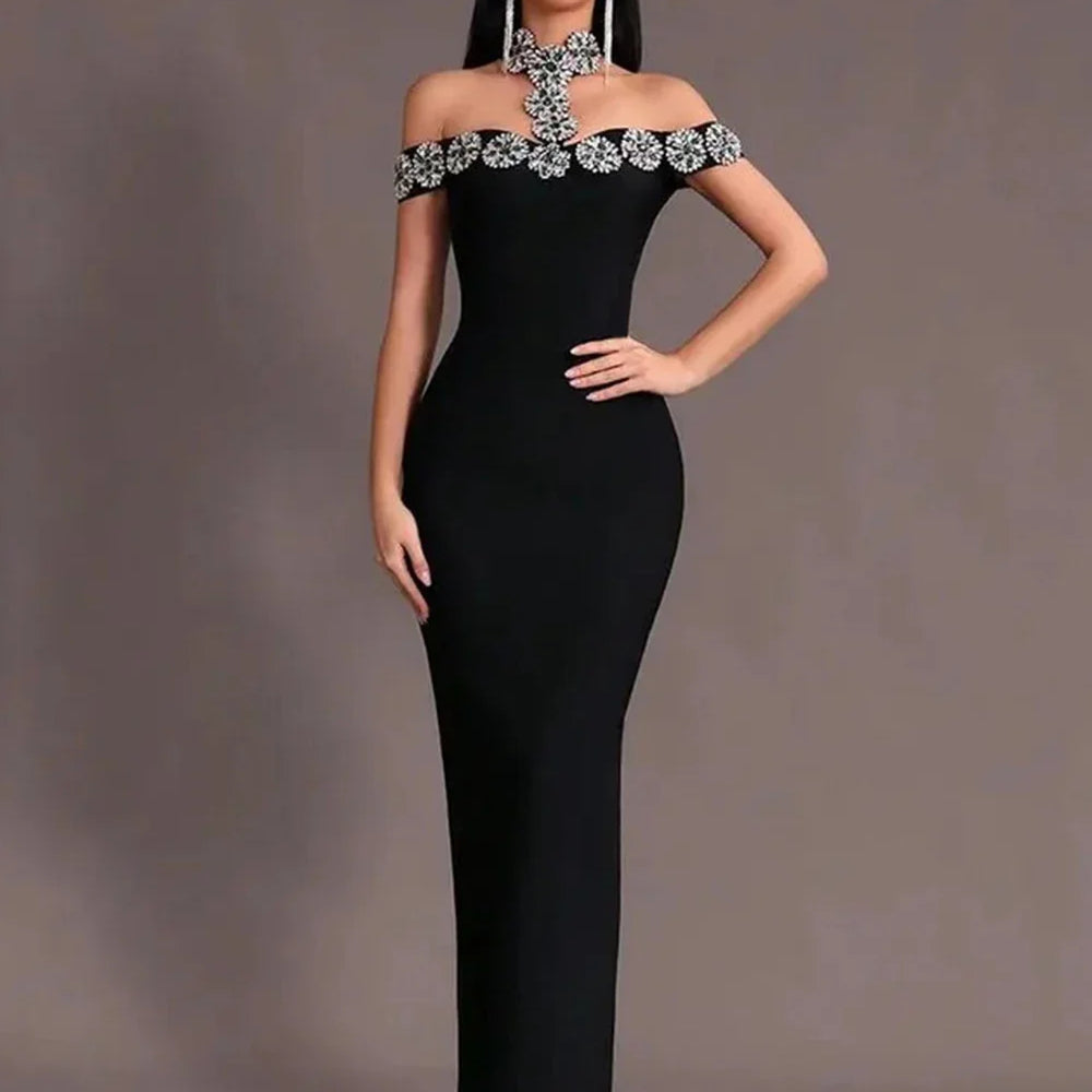 2025 Sexy Women Light Luxury Nail Bead Bandage Dress Hanging Neck Shoulder Short Sleeve Bodycon Long Dress Evening Party Vestido