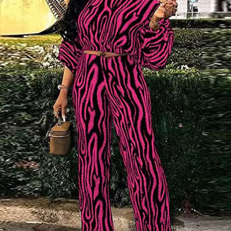 Plus Size VONDA Women Pant Sets Zebra-stripe Bohemian Printed 2PCS Long Sleeve Skew Collar Top and High Waist Pants Casual Sets Dark Pink