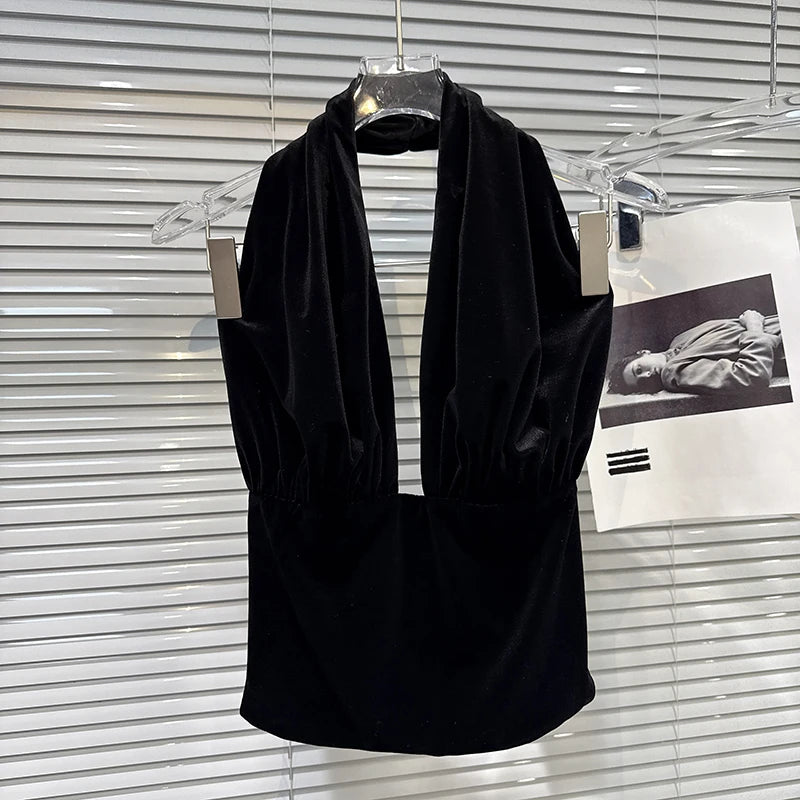 Winter New Fashion Backless Velvet Halter Backless Vest For Women Double-Breasted Short Pants Female Trend 11A07681