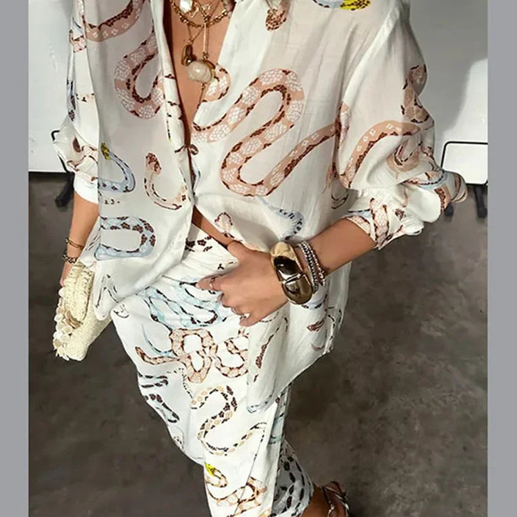 Snake Print Long Sleeve Shirt Split Skirt 2 Pcs Set Women Single Breasted Loose Lapel Short Dress Set Summer Chic Female Suits