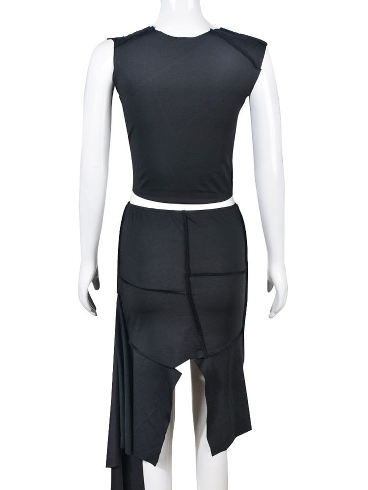 Two Piece Set Women Ripped Grunge Outfits Sexy Sleeveless Slim Crop Top+High Waist Cut Out Midi Skirts 2024 Spring Fall Y2K Suit