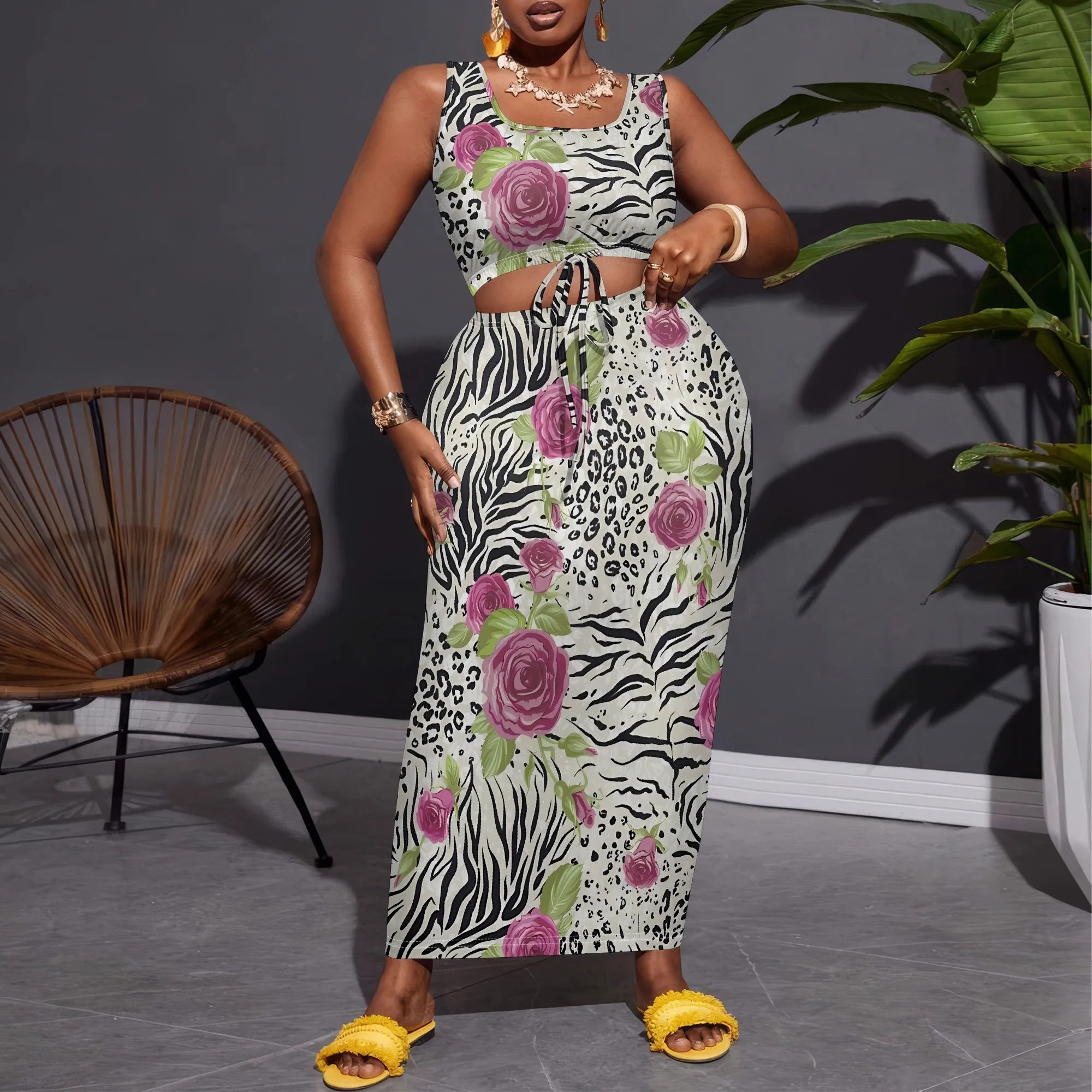 Nupusa Rose & Zebra Print Two - Piece Set for Women Plus Size Summer Casual Sleeveless Crop Top & Maxi Skirt Outfit