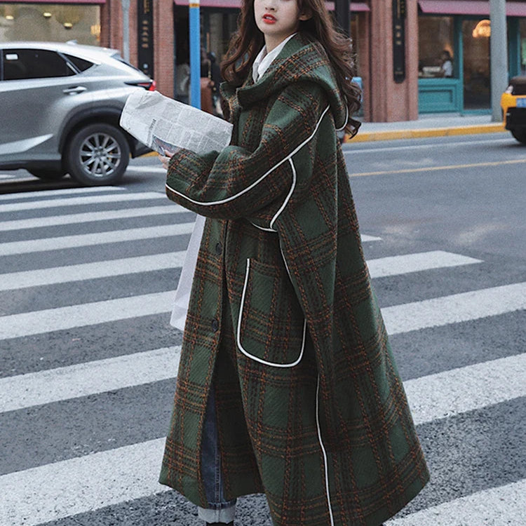 Autumn Winter Long Oversized Warm White Patchwork Plaid Wool Blends Trench Coats Women with Hood Runway Korean Fashion