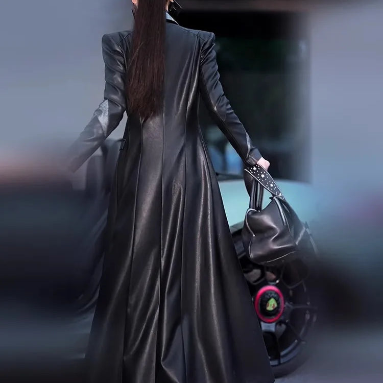 Lautaro Spring Autumn Long Fitted Black Patchwork Pu Leather Coat Women Double Breasted Elegant Chic Luxury Designer Clothing