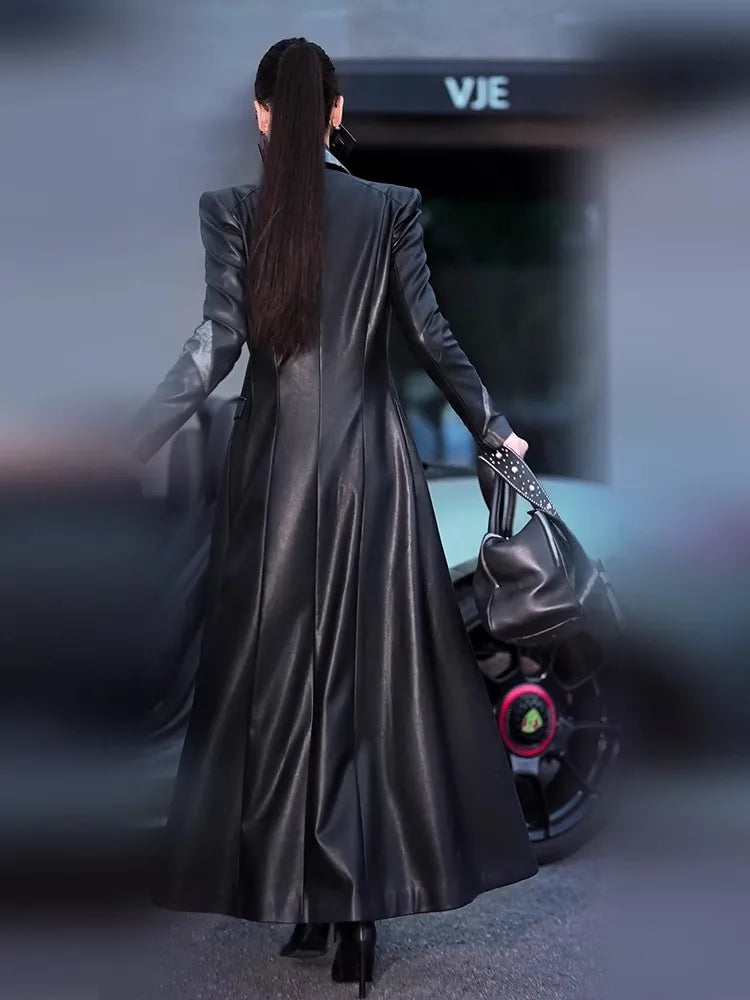 Lautaro Spring Autumn Long Fitted Black Patchwork Pu Leather Coat Women Double Breasted Elegant Chic Luxury Designer Clothing