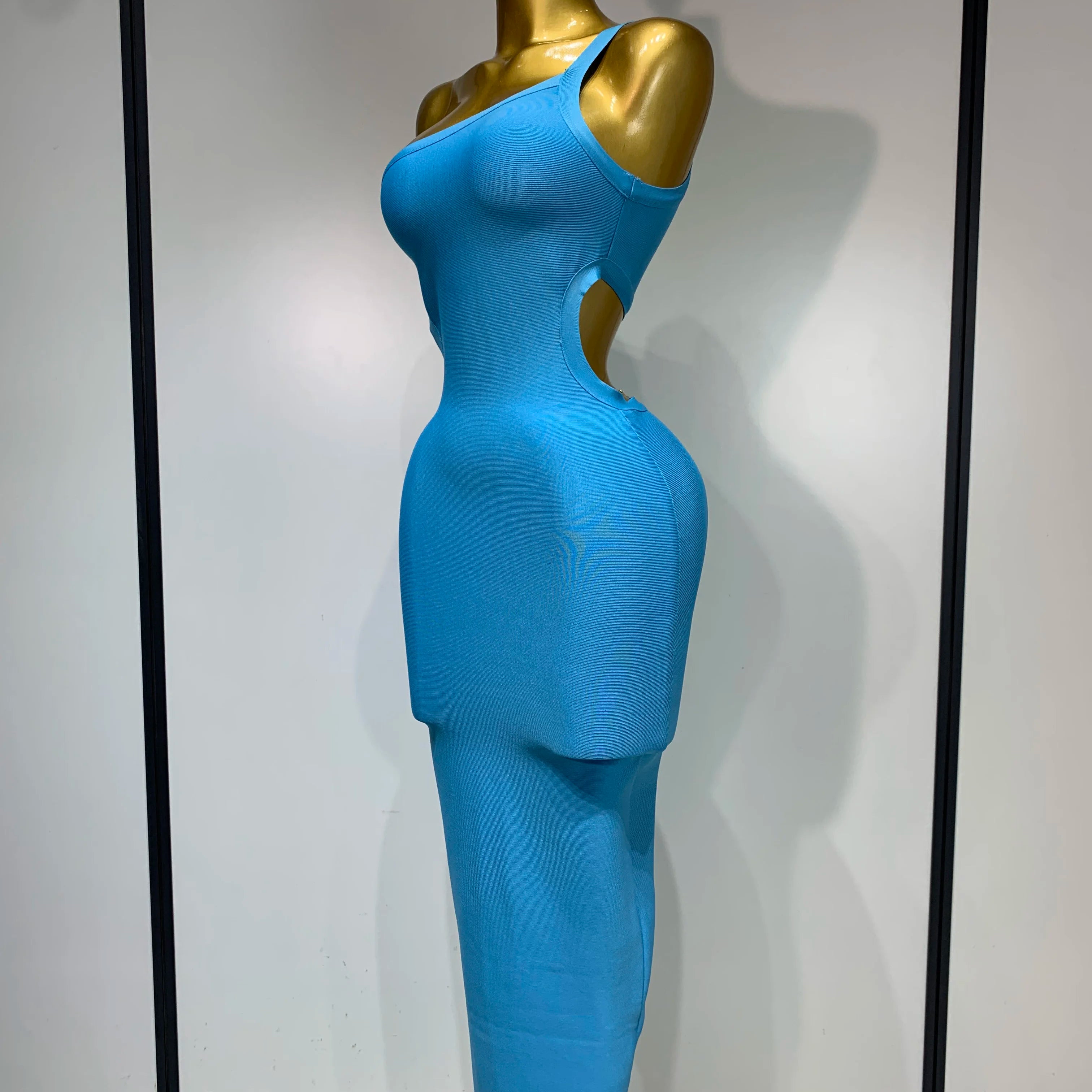 Luxury Birthday Dress Women Blue Bodycon Bandage Dress One Shoulder Sleeveless Backless Dress Cocktail Evening Party Vestidos