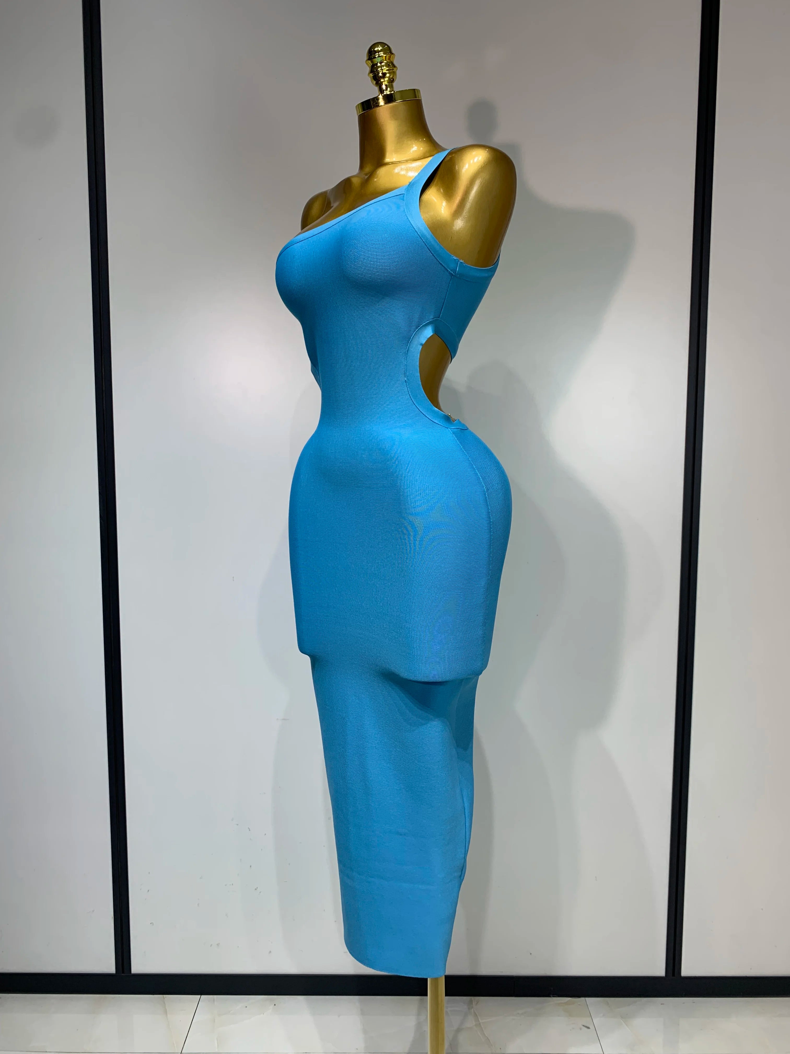 Luxury Birthday Dress Women Blue Bodycon Bandage Dress One Shoulder Sleeveless Backless Dress Cocktail Evening Party Vestidos