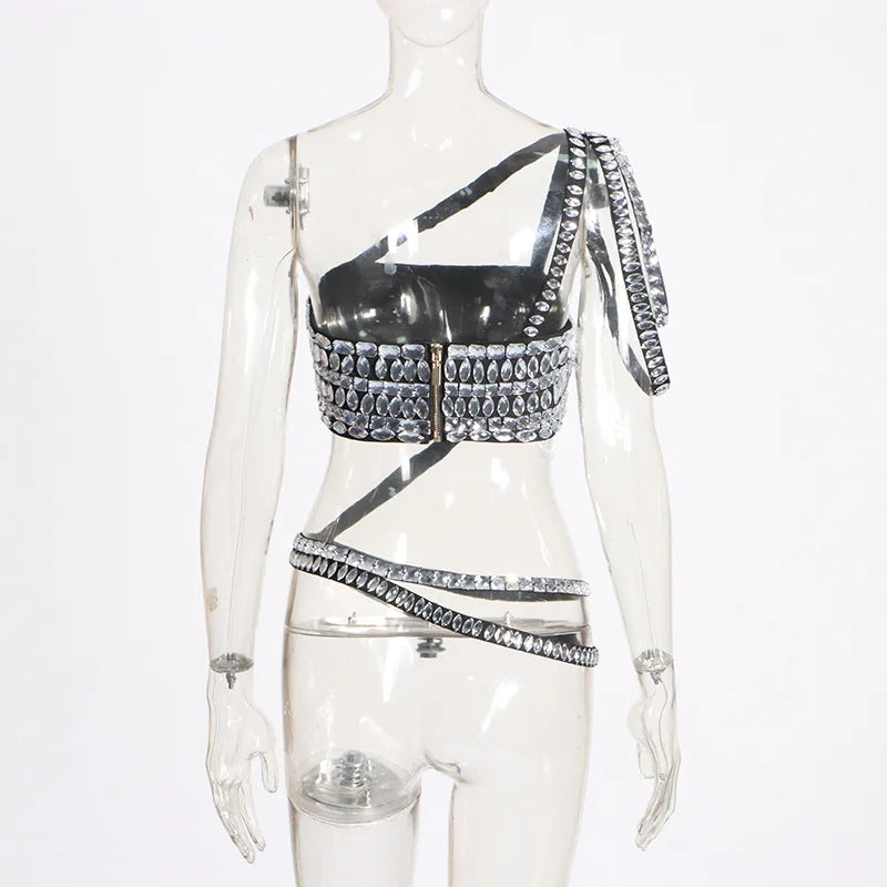 Black Color Women Sexy 2 Pieces Bodycon Long Bandage Dress Big Crystal Fashion Nightclub Party Celebrate Dress