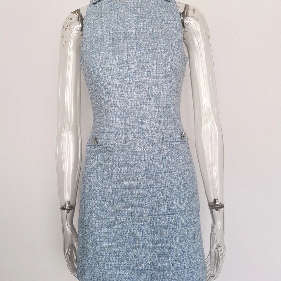 Solid Slimming Spliced Button Dresses for Women Round Neck Sleevless Temperament Mini Dress Female Fashion Clothing LIGHTBLUE