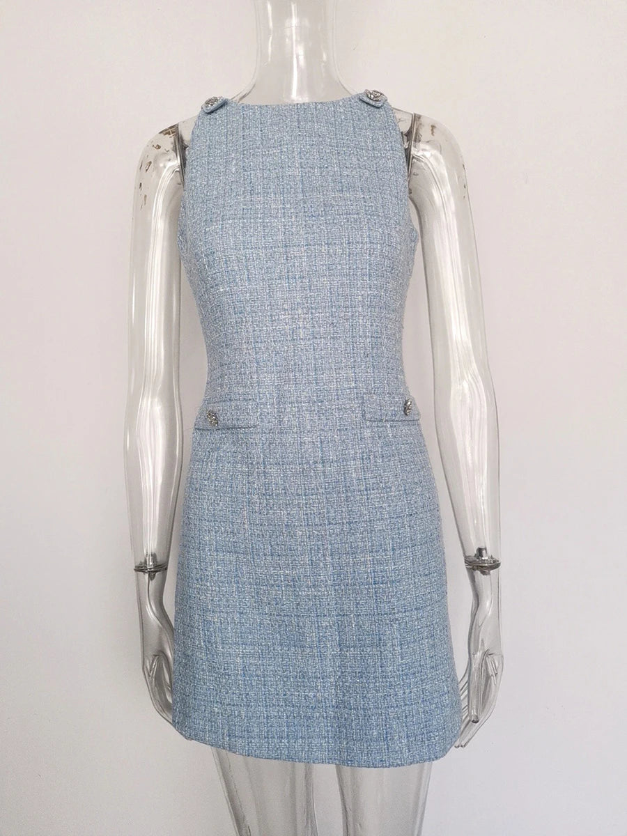 Solid Slimming Spliced Button Dresses for Women Round Neck Sleevless Temperament Mini Dress Female Fashion Clothing LIGHTBLUE