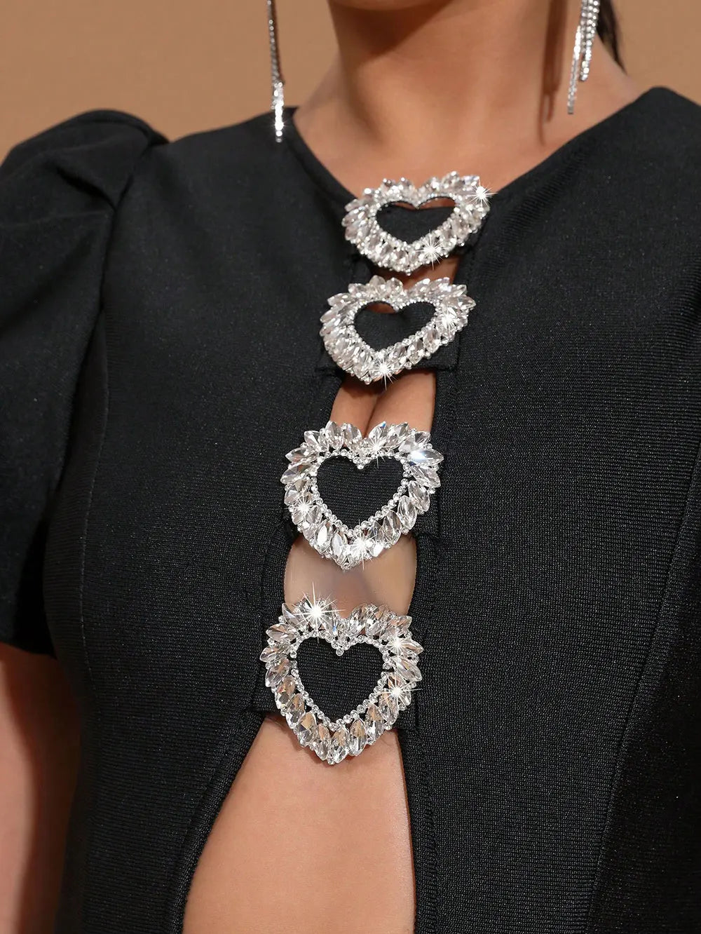 2025 Sexy Women Three-Dimensional Heart-Shaped Design Hollow Bandage Dress O-Neck Short Sleeved Bodycon Black Long Dress Vestido