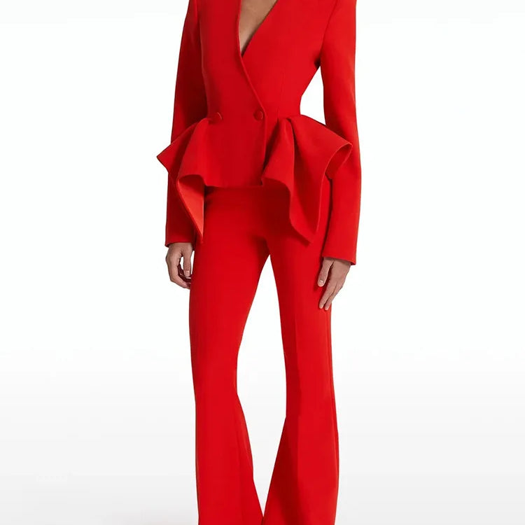 2025 New Red Color Women Long Sleeve Ruffles V-Neck Fashion Women's Set Elegant Evening Party Office Lady Wear Top Quality Red