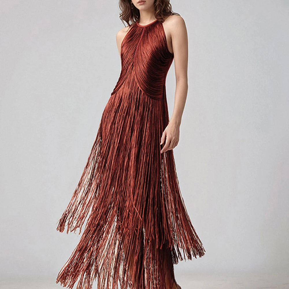 Modphy Sexy Tassel Ankle Bodycon Bandage Long Dress 2025 New Celebrity Elegant Evening Club Luxury Birthday Party Outfit ﻿