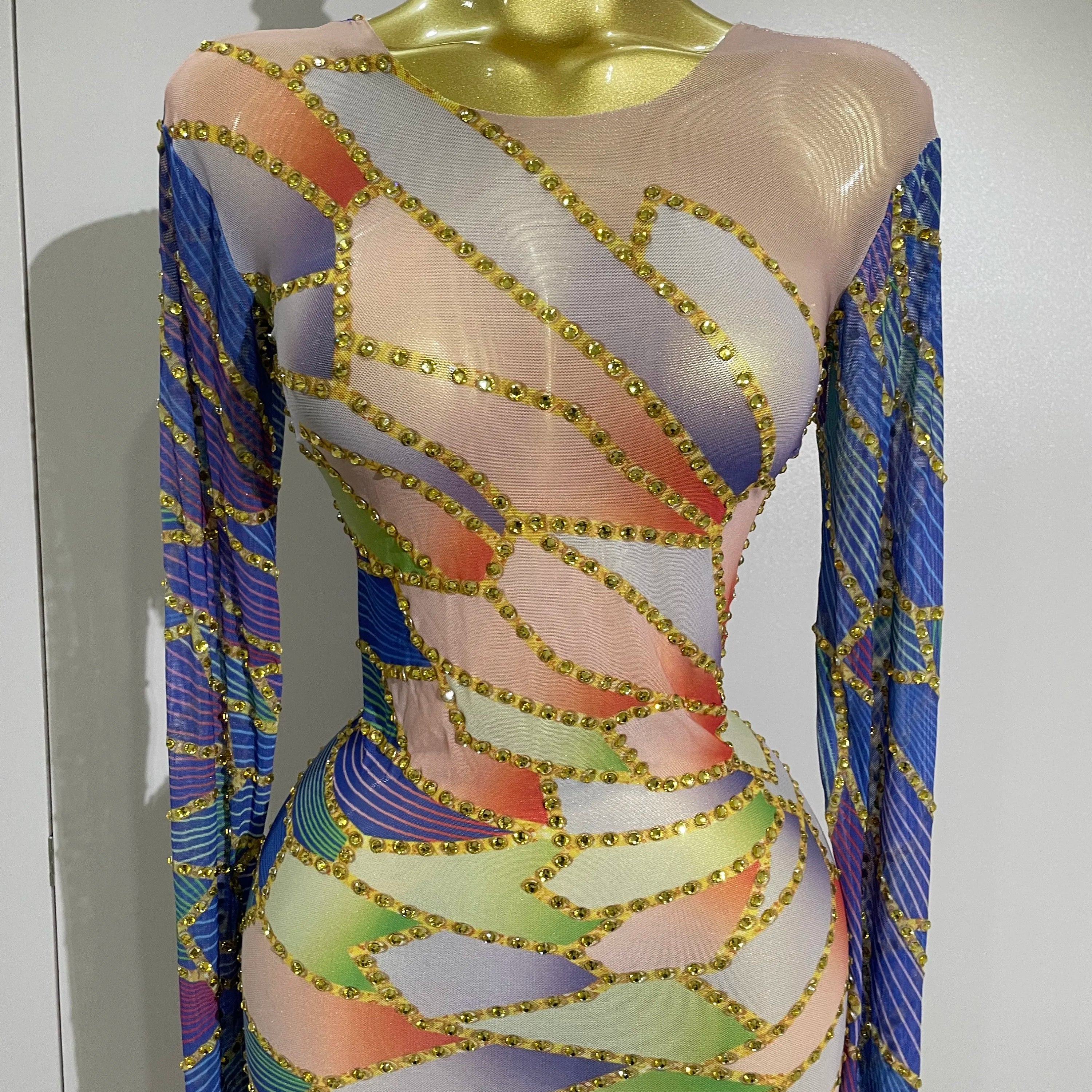 2025 New Luxury Sparkly Rhinestone Stretchy Mesh See Through Long Dress Women Birthday Party Performance Nightclub Stage Costume