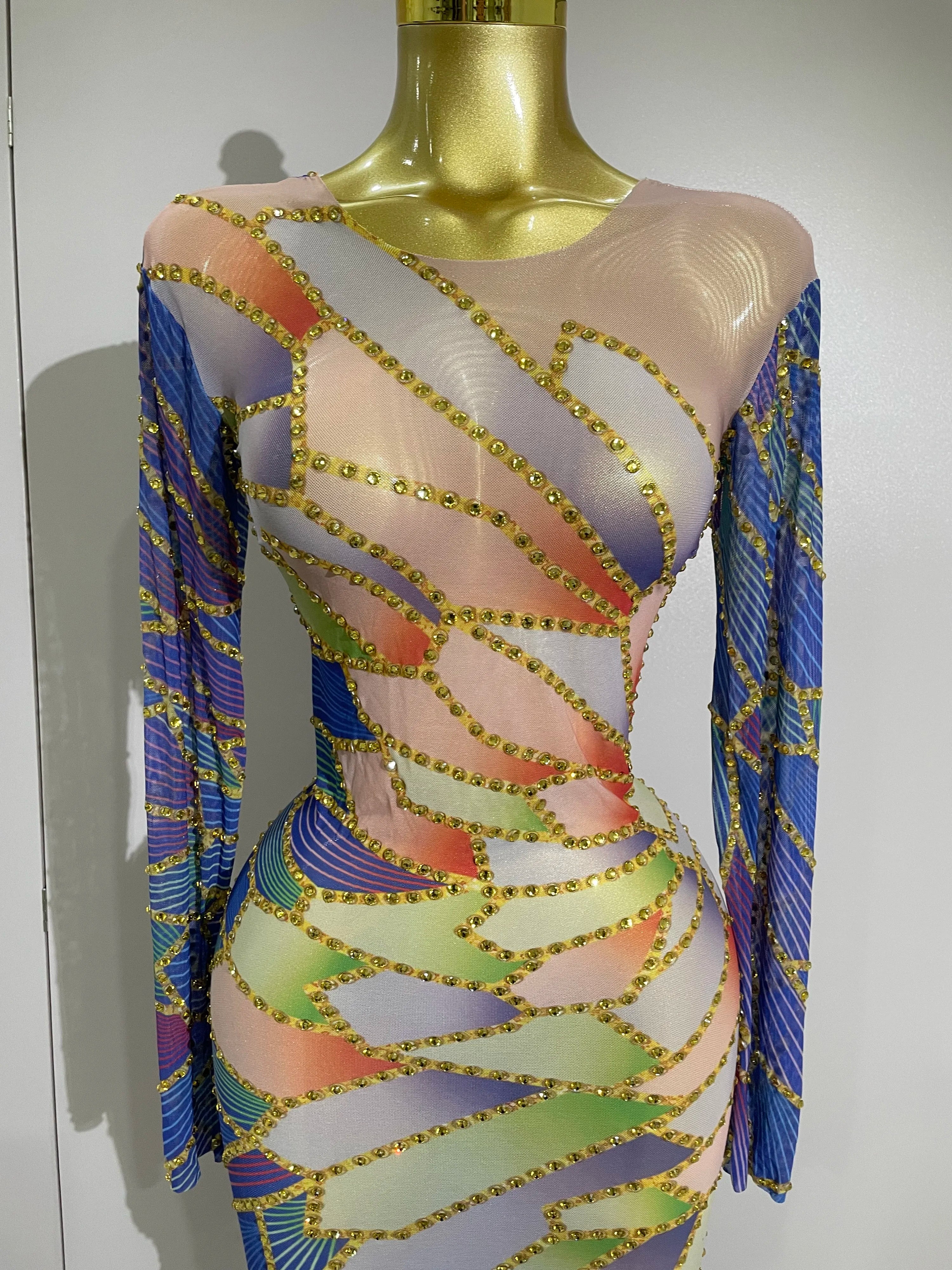 2025 New Luxury Sparkly Rhinestone Stretchy Mesh See Through Long Dress Women Birthday Party Performance Nightclub Stage Costume