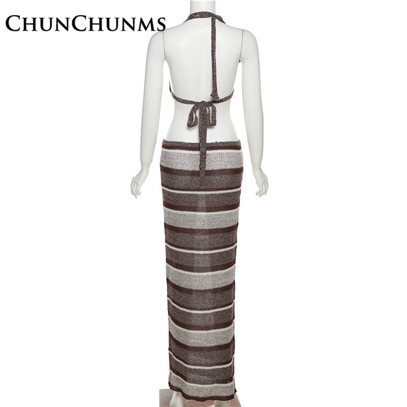 Sexy Low Cut Backless Bra Lace Up Top High Waist Long Skirt Suit 2 Piece Set Women Outfit Vintage Striped Vacation Beach 2024