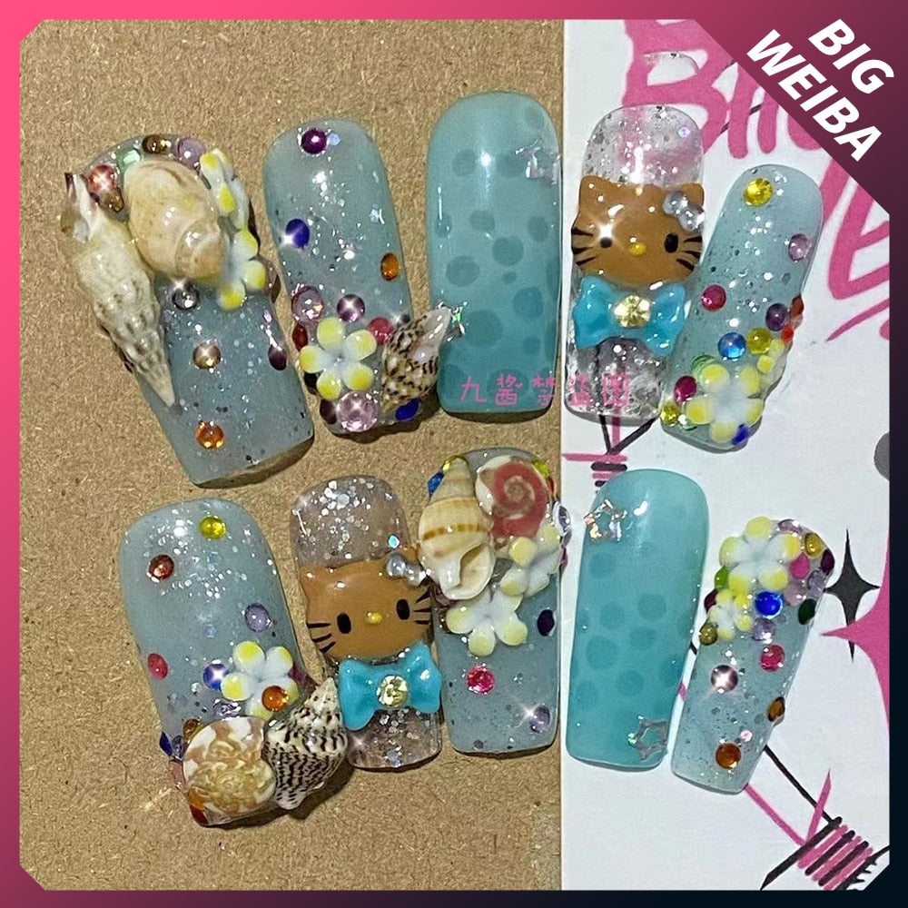 Summer Beach Travel Holiday Hello Kitty Conch Nails Girl Blue Youth Handwork Customizable Fake Nails Daughter Sister Gift