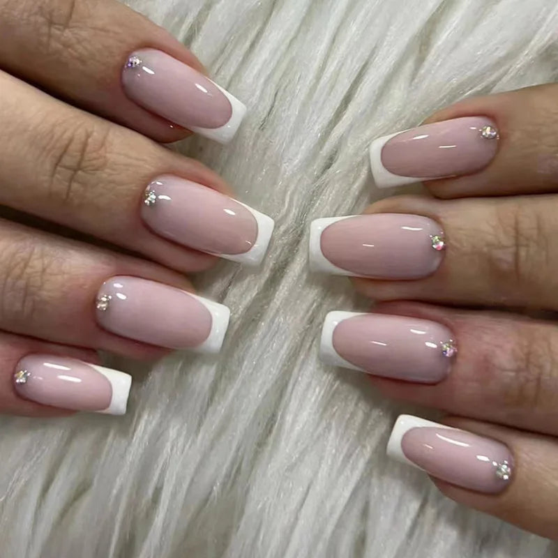 24Pcs Golden Lines Design Fake Nails Short Square Head Press on False Nails Double-layer French Reusable Full Cover Nail Tips 638