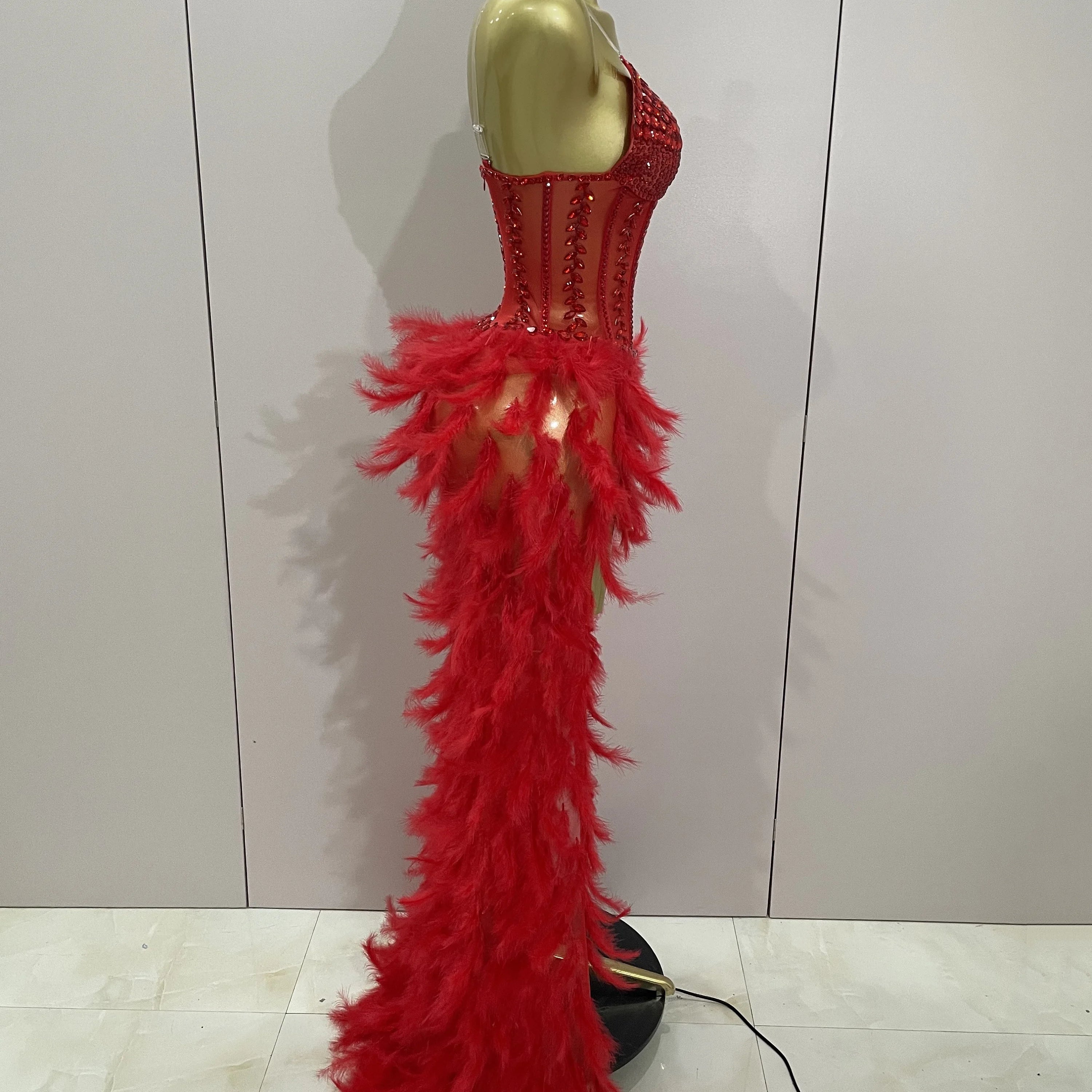 Luxury Sparkly Rhinestones Feathers Long Tail Dress Sexy Mesh Transparent Stage Bodysuit Evening Party Celebrate Birthday Dress