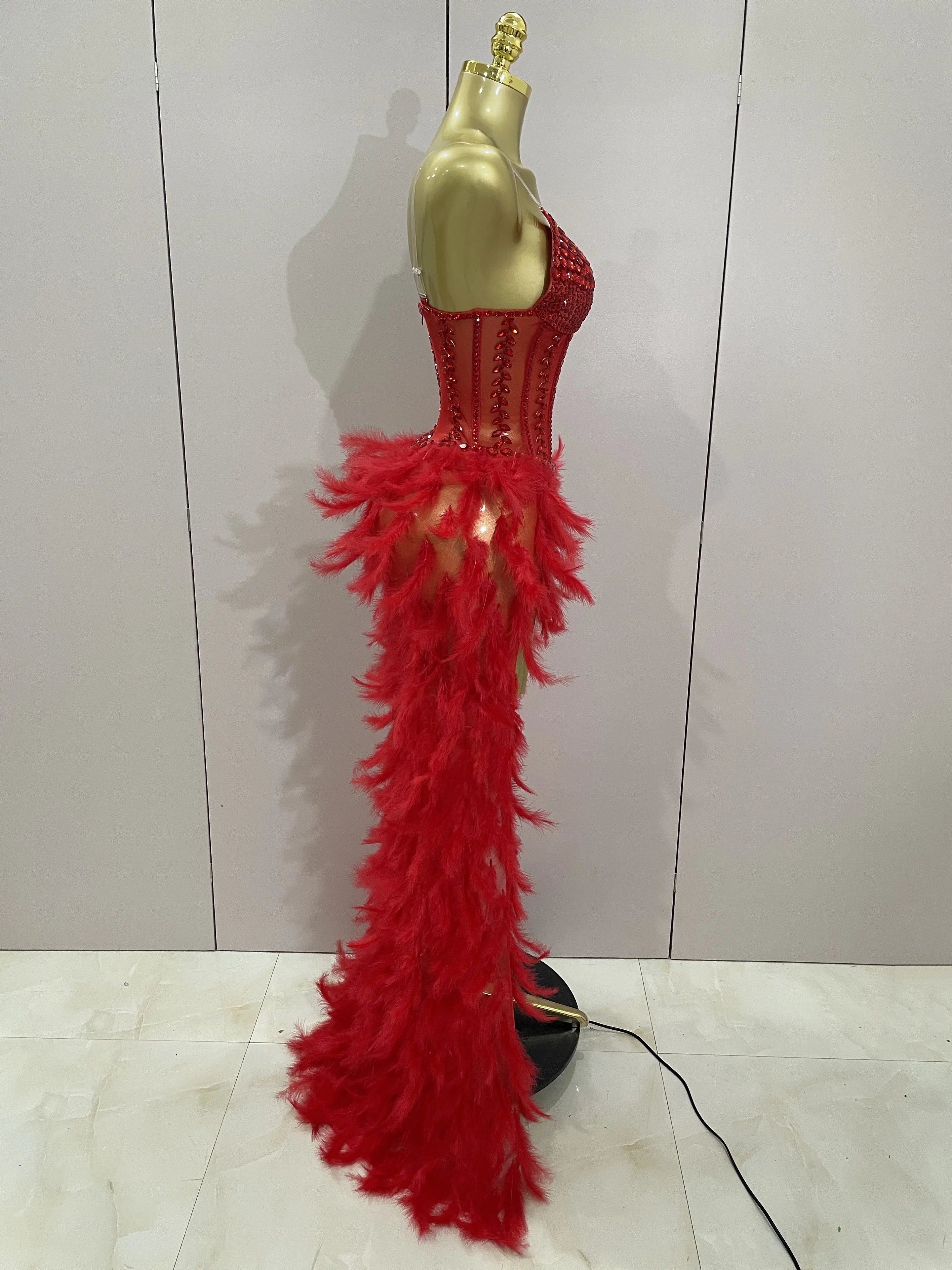 Luxury Sparkly Rhinestones Feathers Long Tail Dress Sexy Mesh Transparent Stage Bodysuit Evening Party Celebrate Birthday Dress