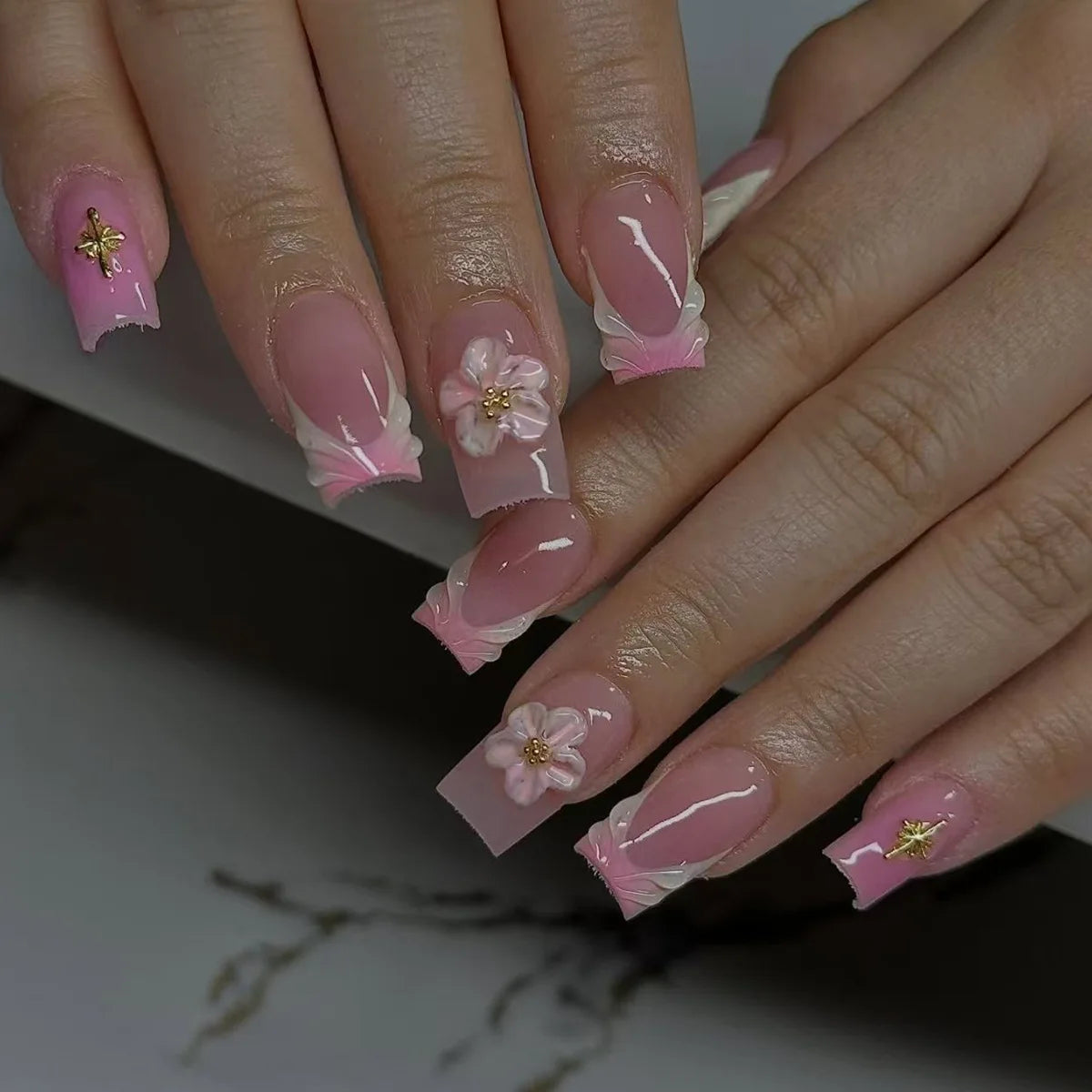 24pcs/set Short Medium fake nails for women girls 3D cute pink bow flowers leopard french square almond tips press on false nail 2578