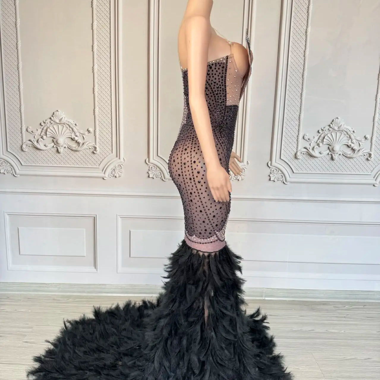 Luxury Women Feather Evening Dress Sparkly Sexy Prom Couture Rhinestone Birthday Party Ball Celebrate Photo Shoot Wear Mifeng