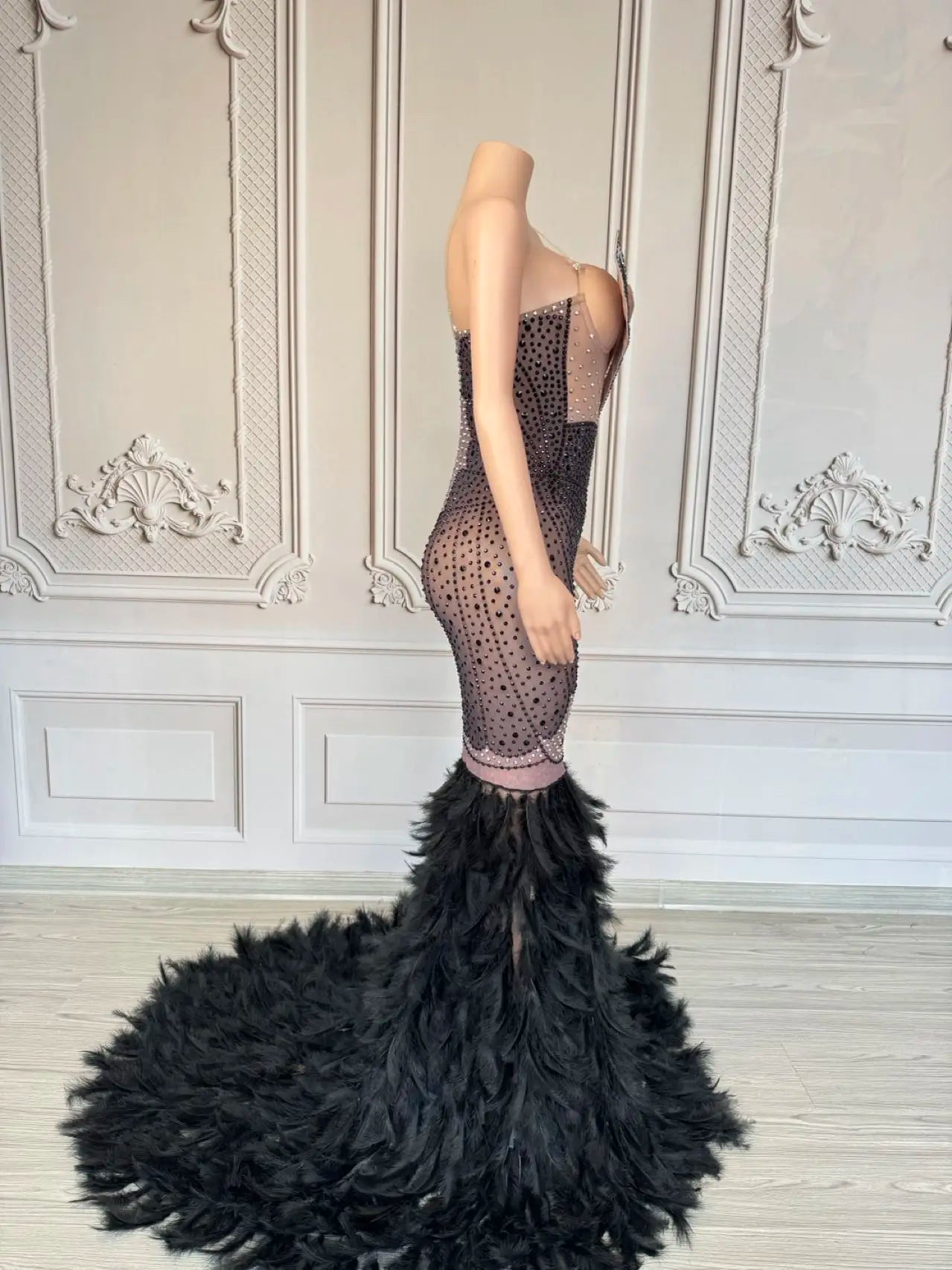 Luxury Women Feather Evening Dress Sparkly Sexy Prom Couture Rhinestone Birthday Party Ball Celebrate Photo Shoot Wear Mifeng