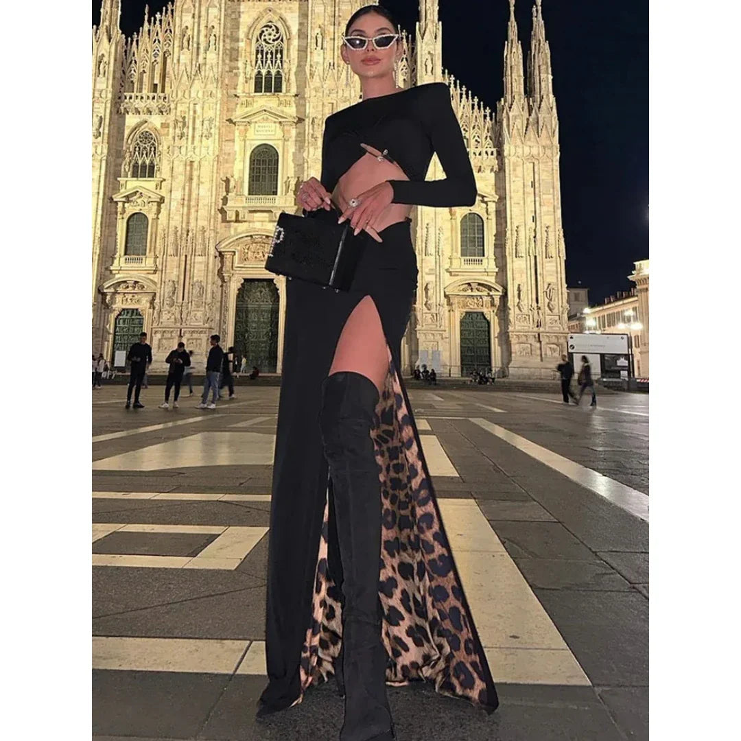 Women Celebrity Sexy Long Sleeve Leopard Black Maxi Long Skirt Bandage Set Elegant Evening Club Party Outfits