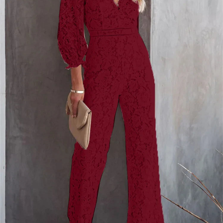 CHRONSTYLE Elegant Women Lace Wide Leg Pants Jumpsuits Solid Color Long Sleeve High Waist V Neck Floral Rompers Streetwear 2023