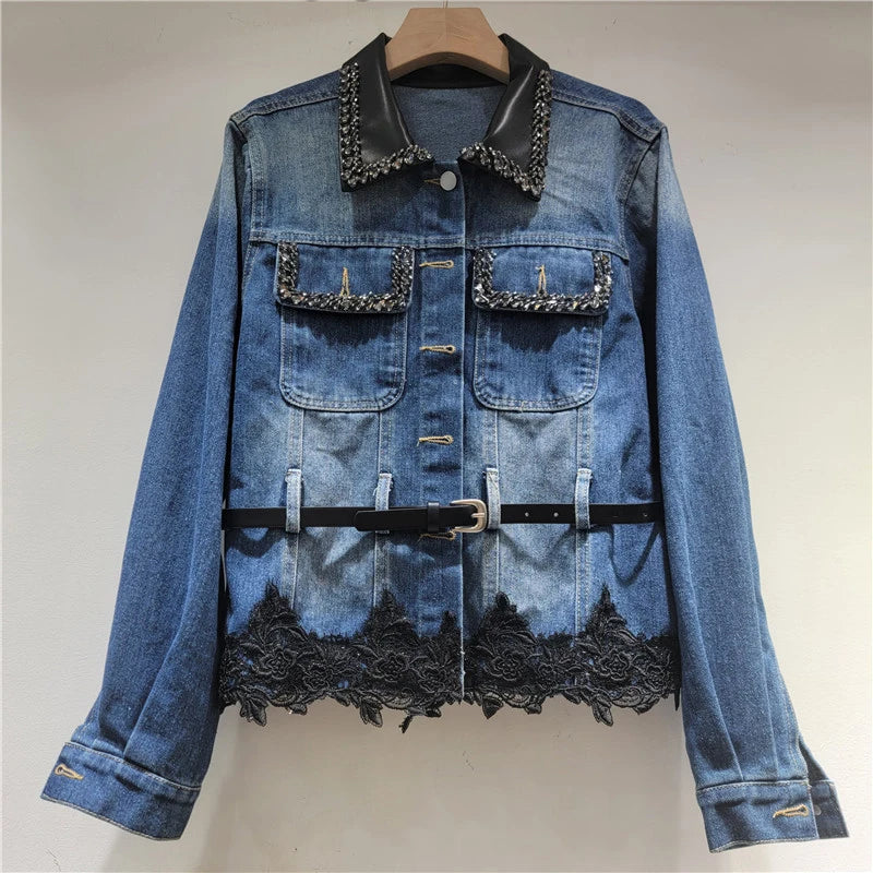 Autumn New Fashion Patchwork Diamond Single-breasted Double Pocket Pleated Lace Trim Denim Jacket For Women 11A07629 Blue One Size