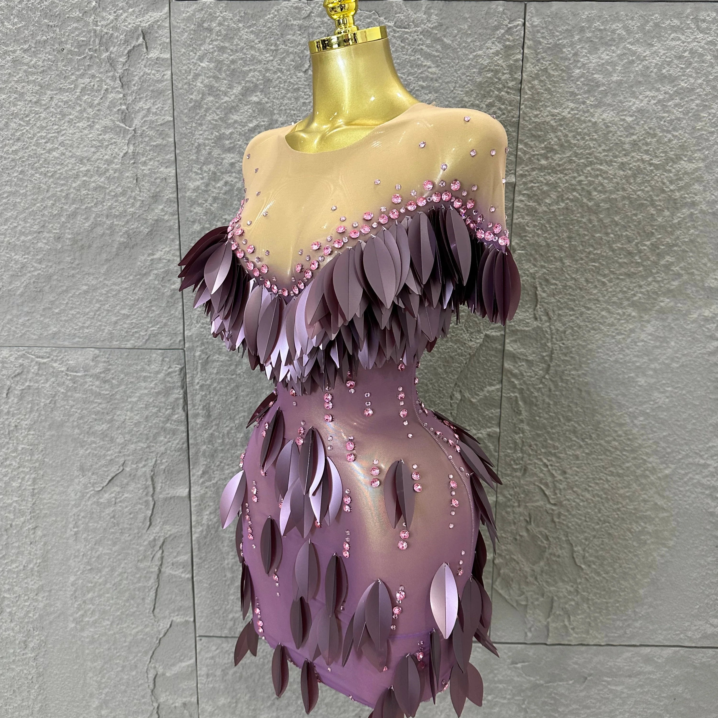Sparkly 2026 Purple Sheer Mesh Dress Women Sexy Illusion Neck Rhinestone 3D Leaf Fringe Bodycon Evening Gala Nightclub Outfit