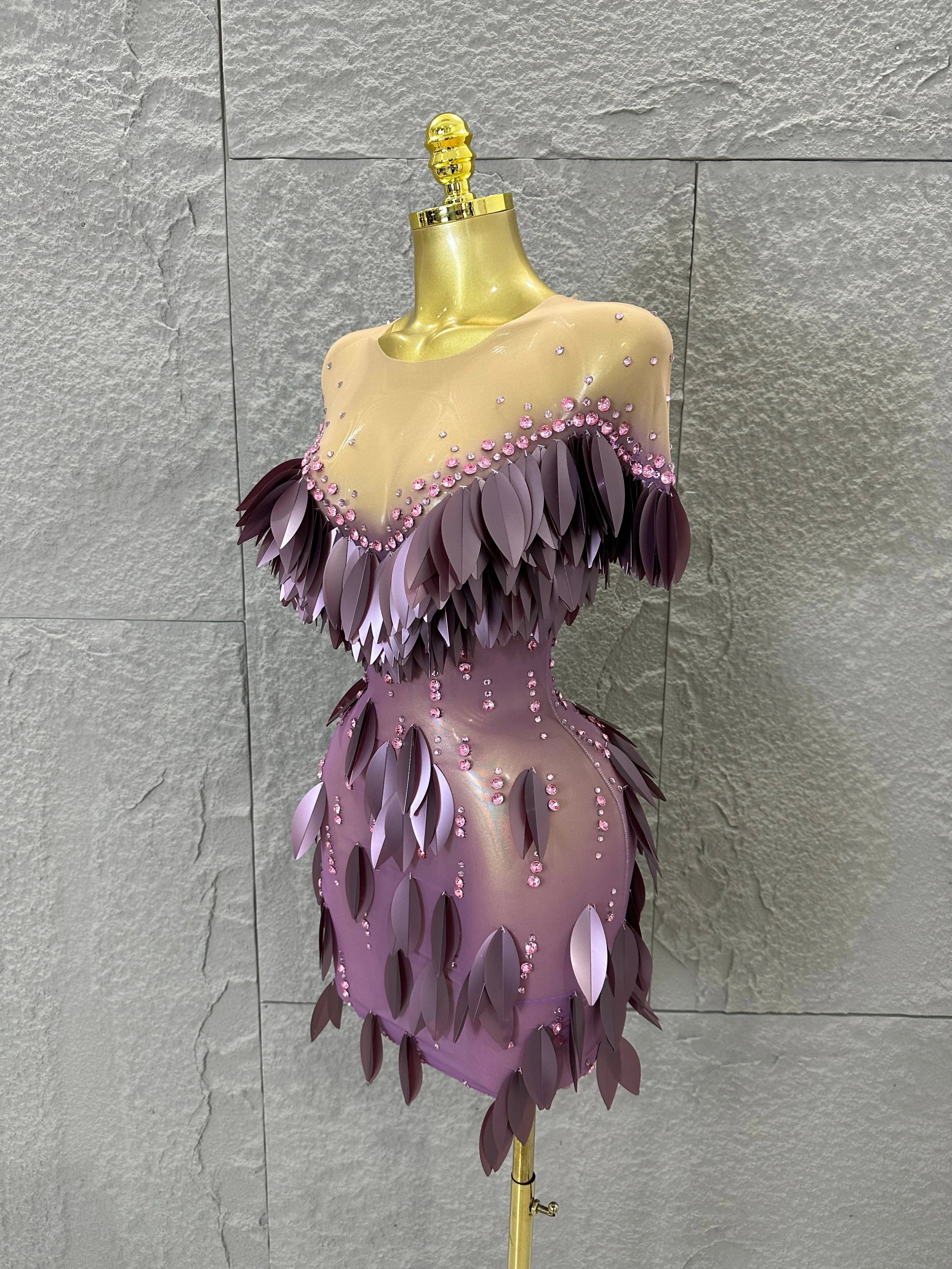 Sparkly 2026 Purple Sheer Mesh Dress Women Sexy Illusion Neck Rhinestone 3D Leaf Fringe Bodycon Evening Gala Nightclub Outfit