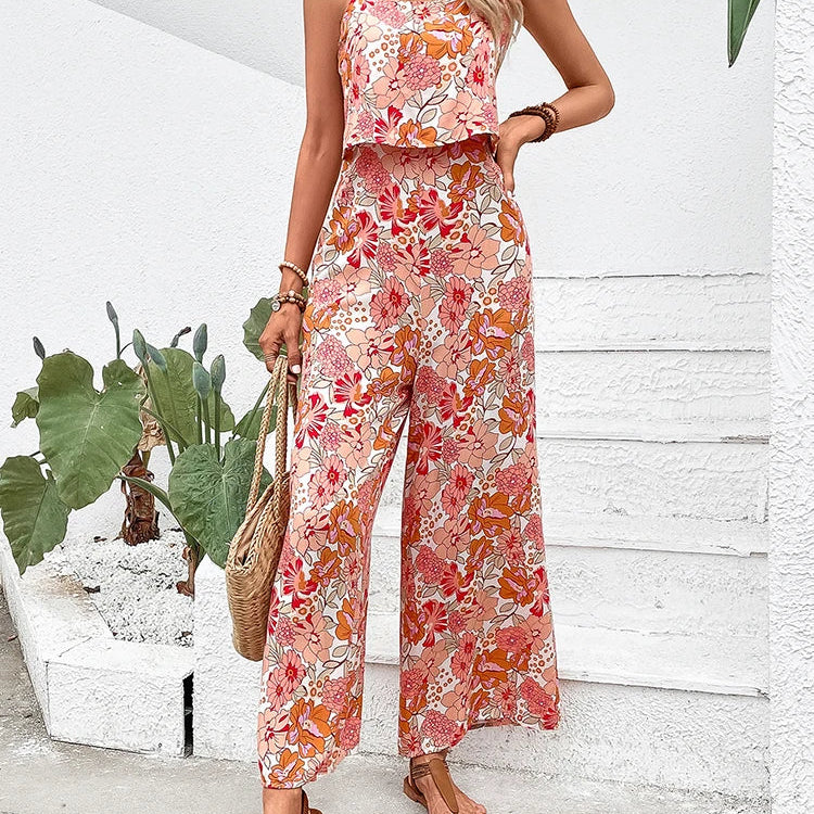 Elegant Long Jumpsuit Women Sexy Backless Wide Leg Jumpsuits Casual Sleeveless Floral Rompers Summer Clothes For Woman New
