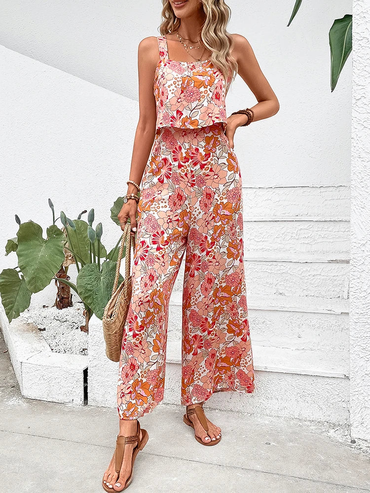 Elegant Long Jumpsuit Women Sexy Backless Wide Leg Jumpsuits Casual Sleeveless Floral Rompers Summer Clothes For Woman New