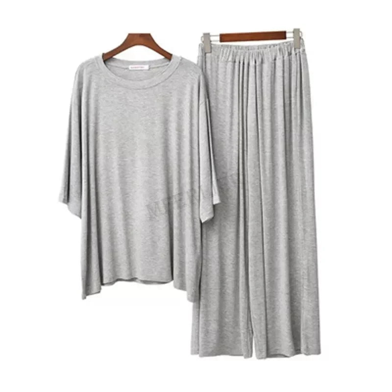 Plus Size 7XL 150K Summer Modal Pajamas Sets Short Sleeve Top and Pants Women Soft Sleepwear Suit Home Women Female Sleepwear GRAY