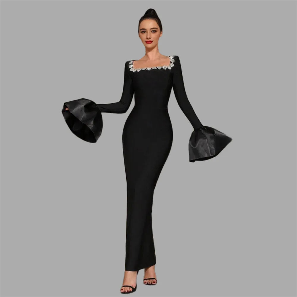 Women Long Sleeve Sexy Square Collar Shinning Crystal Bodycon Long Bandage Dress Celebrate Evening Party Outfit black