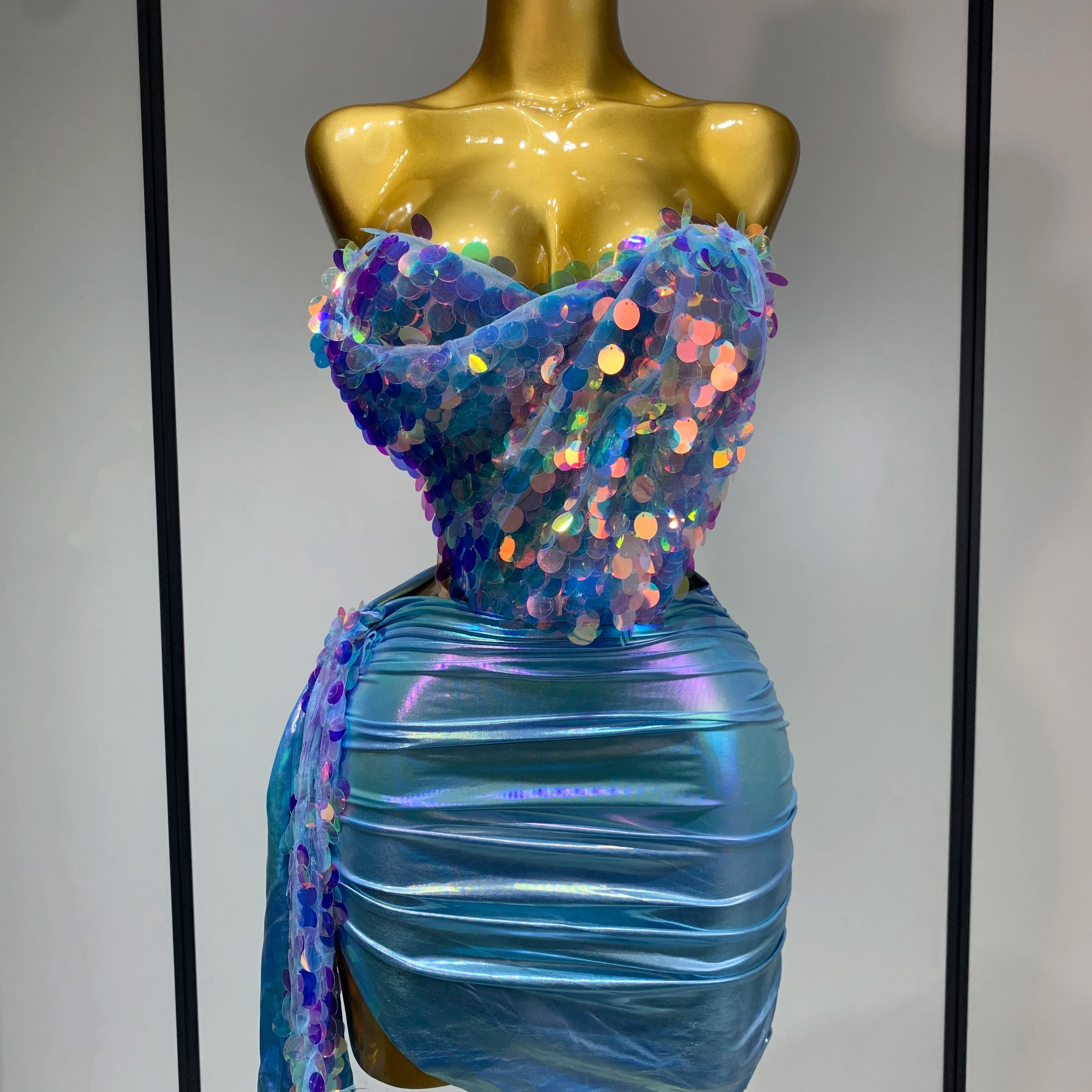 Women Sexy Singer Dancer Performan Costume Nightclub Bar Girl Sparkly Sequins Two Piece Set Evening Party Luxury Birthday Outfit SKY BLUE