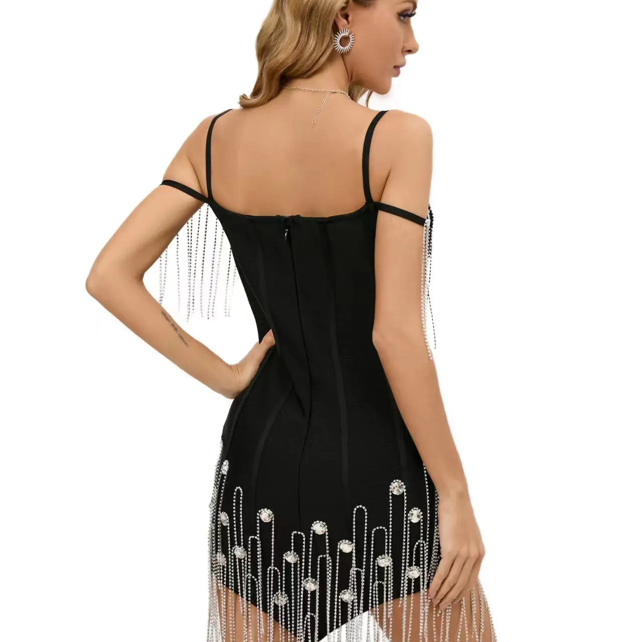 2023 New Summer Women Strap Off the Shoulder Bodycon Mini Dress Rayon Bandage Diamond Chain Nightclub Party Celebrate Dress