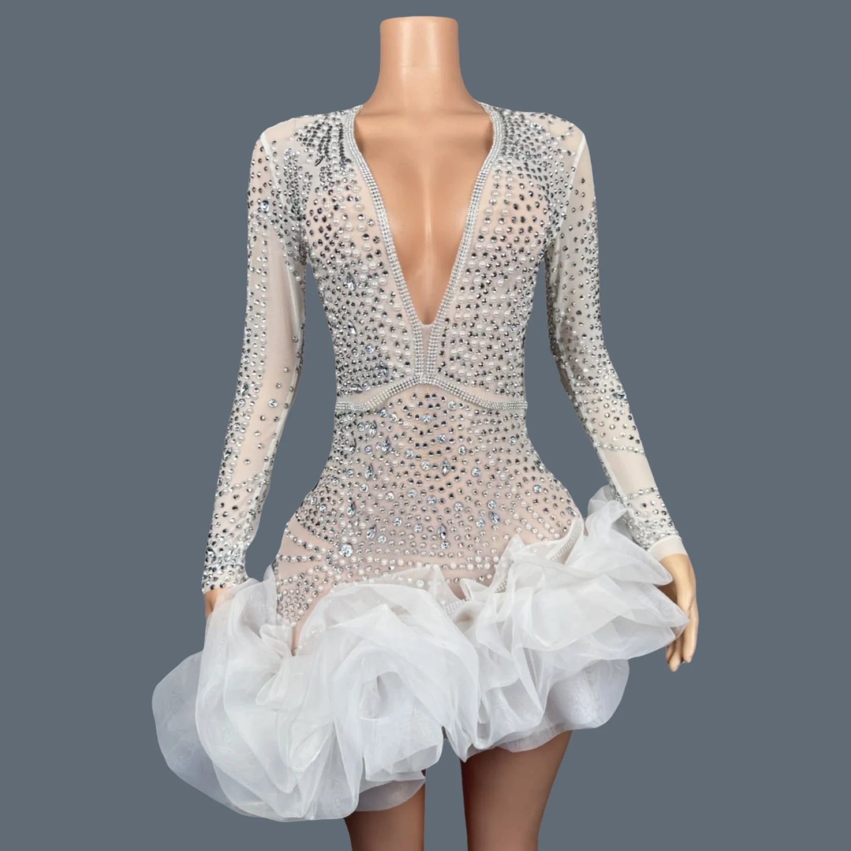 Sparkly Rhinestone White Pearls High-end Short Dress Sexy Women Deep V Neck tutu Mini Dress Nightclub Party Dress-up Outfit Babi WHITE