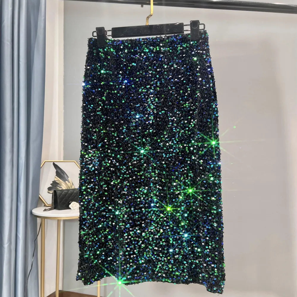 French High-waisted Slim Skirt High-quality Shiny All-match Mid-length Thickened Hip Skirt Split Black Sequin Skirt Women