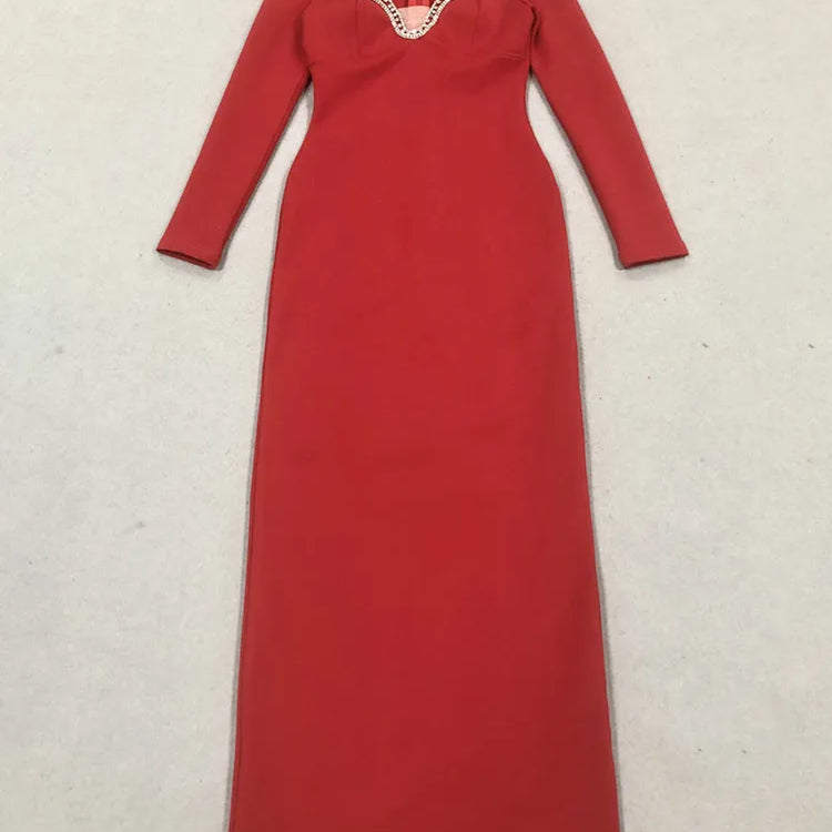 Women Celebrity Sexy Long Sleeve Diamonds Red Maxi Long Bandage Bodycon Dress 2025 Elegant Evening Club Party Outfit