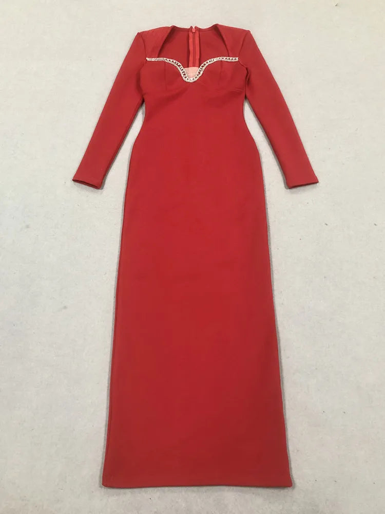 Women Celebrity Sexy Long Sleeve Diamonds Red Maxi Long Bandage Bodycon Dress 2025 Elegant Evening Club Party Outfit