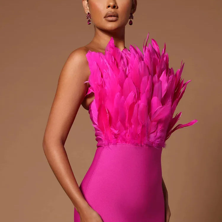 Summer Fashion Women Sexy Strapless Backless Brown Hot Pink Feather Bodycon Bandage Dress Elegant Evening Club Party Dress