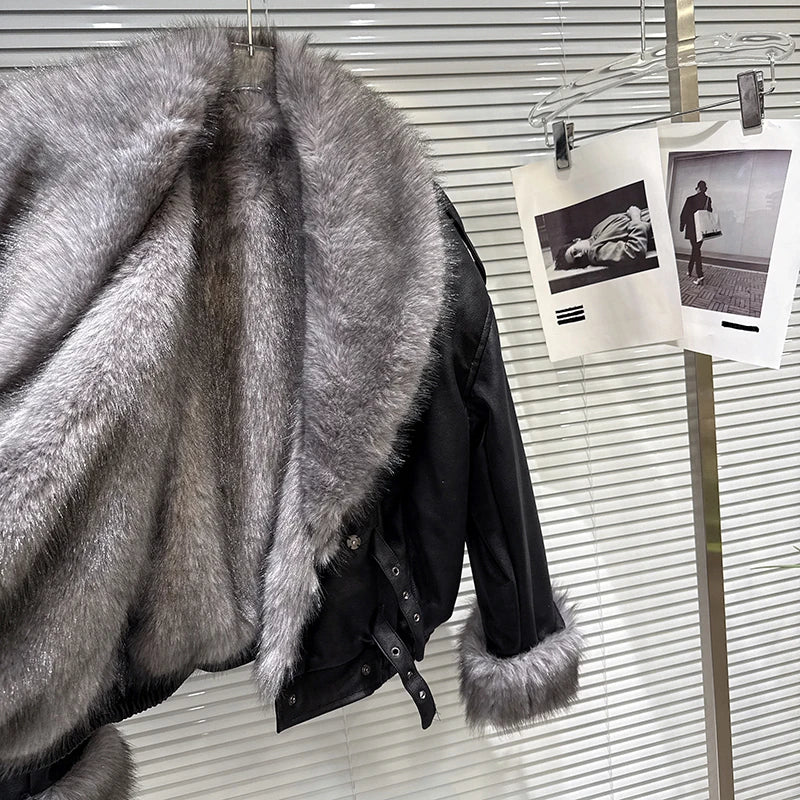 Winter New Fashion Street Style Big Fur Collar PU Leather Jacket For Women Loose With Fur Lining Coat Female 11A07643